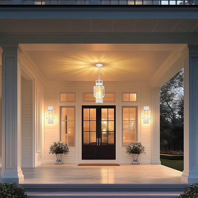 PARTPHONER 15 Outdoor Indoor Pendant Light Exterior Hanging Lantern Modern Metal Outside Chandelier Light Fixture Ceiling Mount with Water Glass for Front Porch Entrance Foyer Entryway White