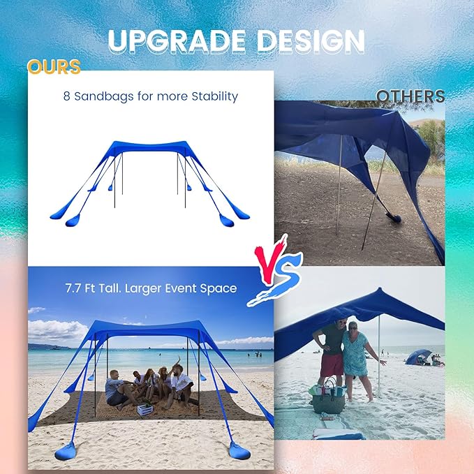 Beach Tent Sun Shelter 10x10FT Beach Shade Canopy with 8 Sandbags UPF 50+ Protection Beach Shade Canopy Outdoor Tent for Beach Camping Trips Fishing Backyard