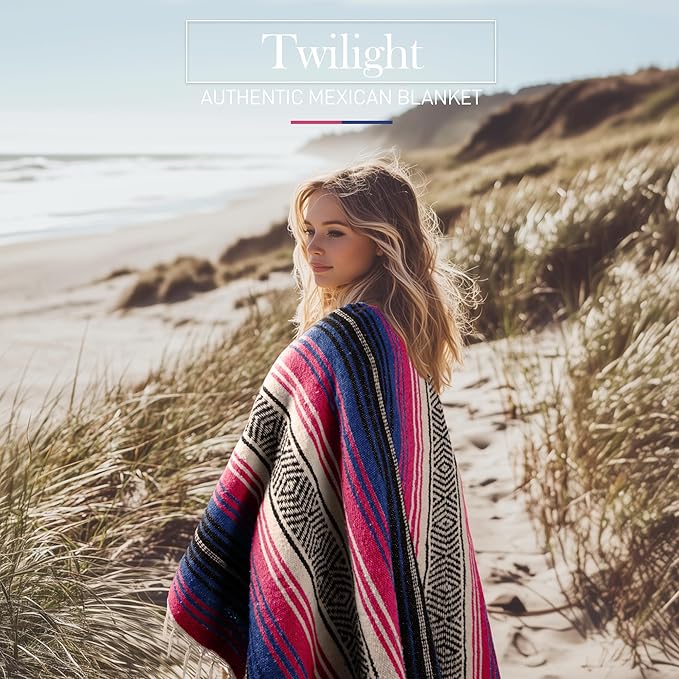Hydration Nation Authentic Extra Large Mexican Blanket (70x50) - Handwoven Yoga Serape- Artisanal Falsa Beach Camping Picnic Outdoor - Twilight