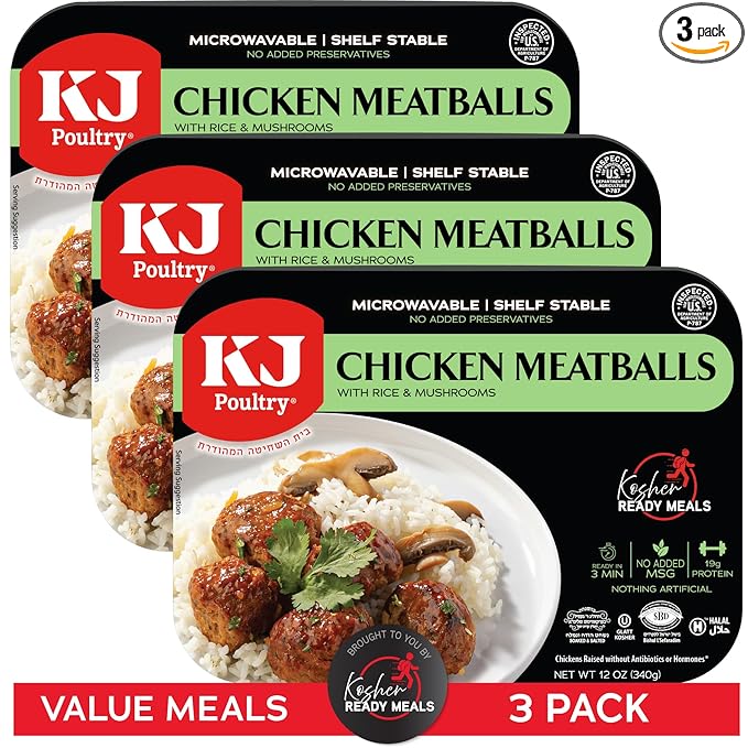 KJ Poultry Kosher Ready Meals - Chicken Meat Balls &amp Mushrooms MRE Meat Meals Ready to Eat Halal (3 Pack) Prepared Entree Fully Cooked Shelf Stable Microwave Dinner Travel Military Camping