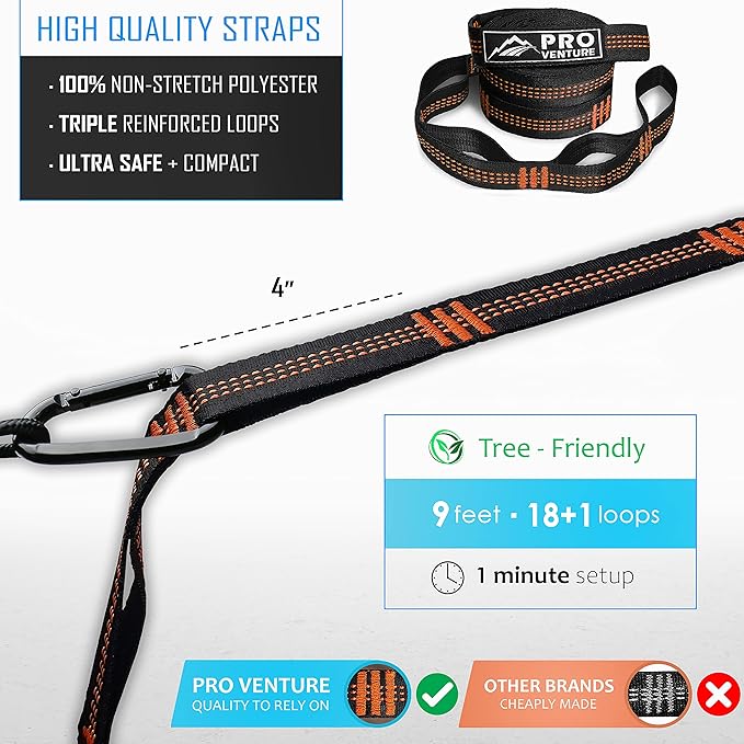 Pro Venture Camping Hammock 500 lb Capacity – Portable Double Hammock with Tree-Friendly Straps and Carabiners Lightweight for Backpacking Hiking Travel Beach Backyard