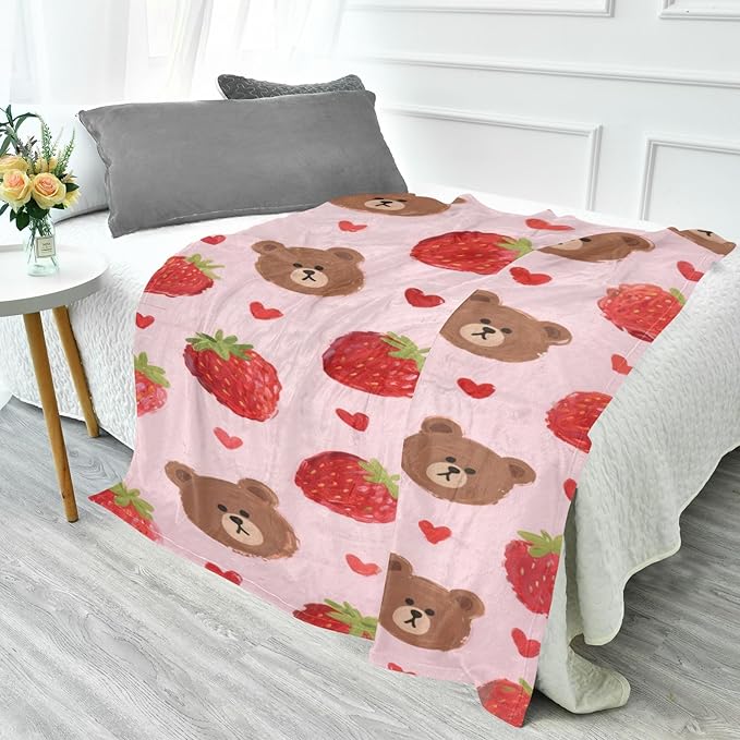 Throw Blanket Soft Cute Cartoon Brown Bear Strawberry Teen Girl Throw Blanket 50'' x 70''