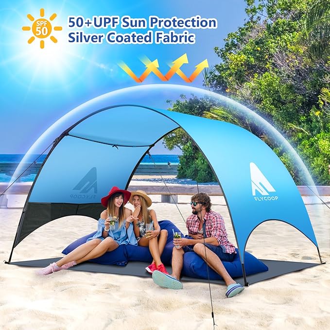 Beach Tent - Beach Shade Canopy Compact Fold (16.9x3.9″) Own Patent 360° Ventilation Large Side Storage Pocket UV Protection Portable Sun Shelter for Beach (Blue 106 * 65 * 61″)