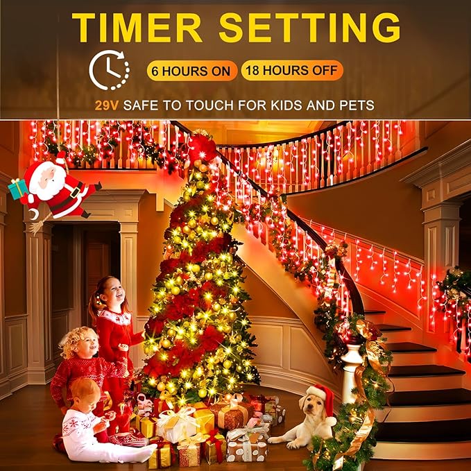 KNONEW Christmas Lights Outdoor Decorations 400 LED 33ft 8 Modes Curtain Fairy String Light with 75 Drops Clear Wire LED Hanging Light Decor for Wedding Party Holiday Christmas Decorations (Red)