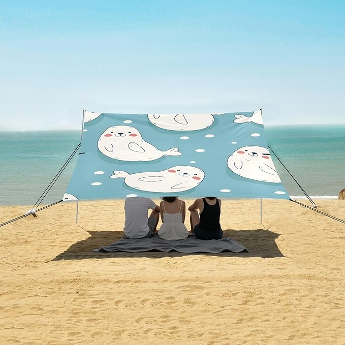 Cute Cartoon Seal Seamless Picture Camping Sun Shelter Beach Tent Portable Beach Sun Shade Outdoor Canopy for Camping Trips Fishing Picnic