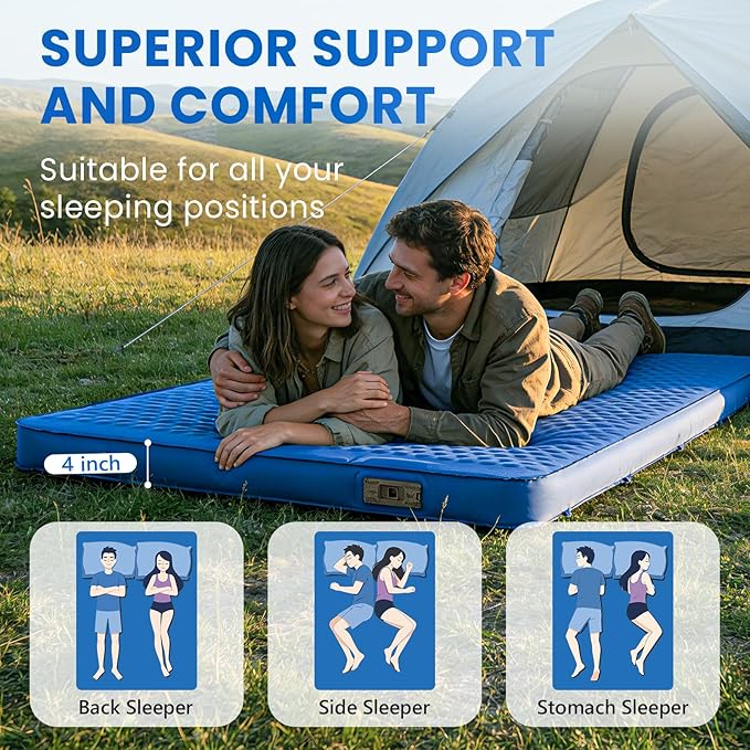 Self Inflating Double Sleeping Pad for Camping with Electric Pump 4 Inch Ultra Thick Memory Foam 2 Person Inflatable Sleeping Pad All Season Full Size Portable Camping Mattress for Travel Tent (Blue)