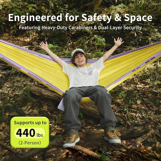 Morning Deer Lightweight Double Hammock for 2 Person with Tree Straps 450lbs Capacity Extra Large 290x180cm Portable Hammock for Outdoor Camping Hiking TravelBackpacking and Backyard