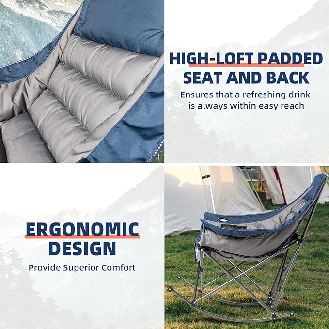 Oversized Rocking Camping Chair for Adults - 400lbs Capacity Padded Camp Chair with Cup Holder Portable Foldable Outdoor Rocker Chair for Camping Backyard Patio (Blue &amp Gray)