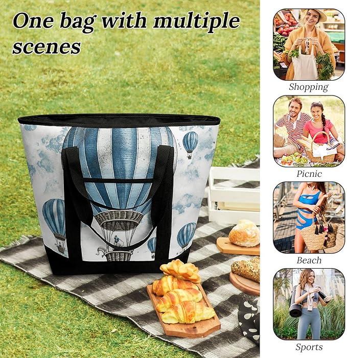 Insulated Shopping BagLarge Reusable Cooler Bags Blue Hot Air Balloon Printed Foldable Shopping BagTravel Waterproof Shoulder Bag