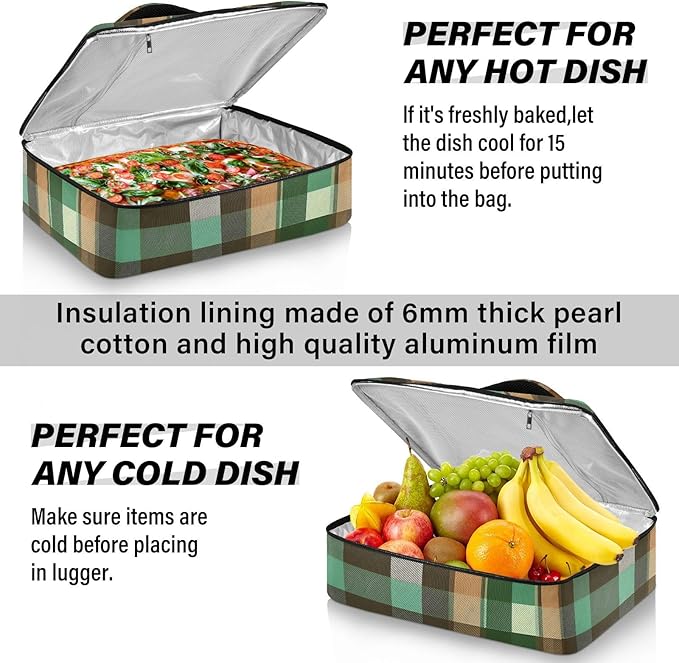 Casserole Carrier Green Brown Tartan Plaid Print Insulated Casserole Carrier for Hot or Cold Food Thermal Lunch Tote for Parties Picnic Travel Carry Bag