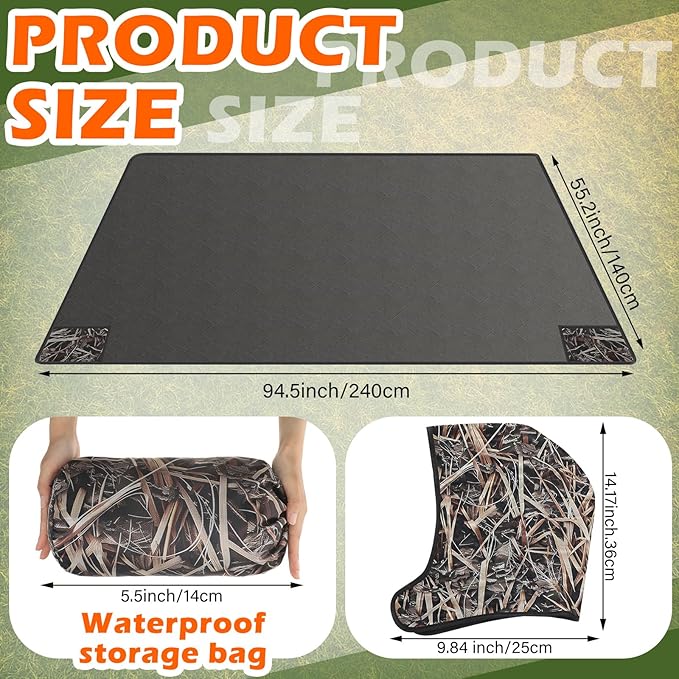 55 x 95 Waterproof Woobie Camo Blanket for Hunting Extra Outdoor Stadium Blankets Sherpa Lining with Hood and Storage Pocket for Deer Duck Hunting Gear Blind Accessories(Waterfowl Grass Camo)