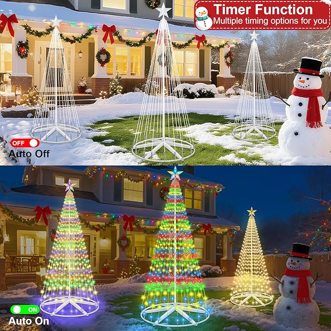 8Ft Solar Powered Christmas Cone Tree Lights with 444LEDs &amp Star Topper Remote Control 11 Modes Dimmable IP65 Waterproof Timer for Indoor Outside Yard Holiday Decoration Warm White &amp Mul