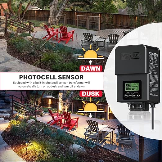 VENUS MANUFACTURING Outdoor Low Voltage Transformer 200W Landscape Lighting Transformer with Timer and Built-in Photo Sensor 120V AC to 12V-15V AC for LED Spotlight Pathway Garden Lighting