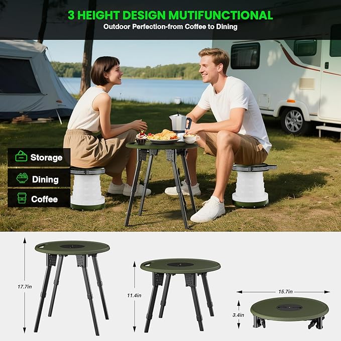 LED Camping Table Set with Stools 300lbs Capacity Adjustable Height Folding Table &amp Chairs All-in-One Compact Design for Outdoor Camping Picnic Tailgating