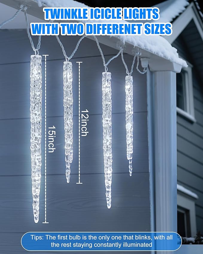 Minetom Christmas Icicle Lights - 2 Pack Total 200 LED 40 Tubes Twinkling Crystal Icicle String Connectable Waterproof Hanging Christmas Lights Plug in for Winter Eave Holiday Outdoor Decoration