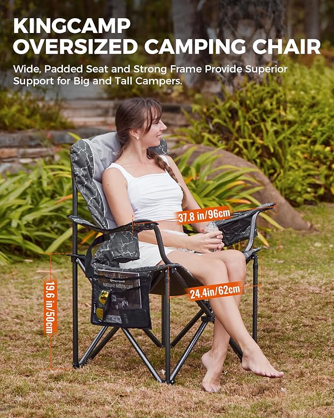 KingCamp Oversized Camping Folding Chair Heavy Duty 450 LBS with Lumbar Support Padded seat with Cup Holder&ampCooler Bag Ideal for Camp Fishing Sports Event Backyard Patio Lawn (Lava Grey)