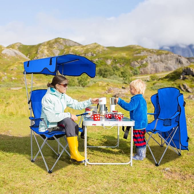 Moclever Folding Canopy Camp Chair – Heavy Duty Beach Chair with Sun Protection Cup Holder &amp Padded Armrests for Outdoor Camping Lawn Park Patio (Blue)