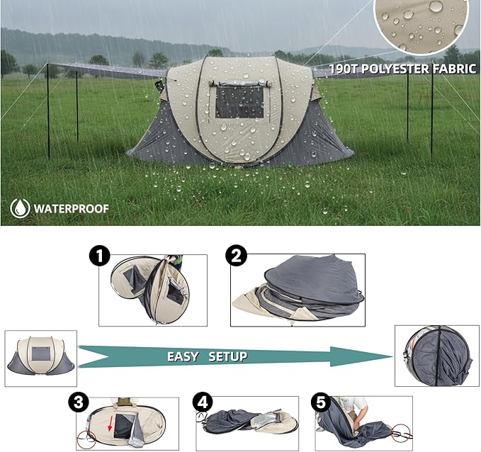 4 Person Pop Up Tent Instant Setup 10 Seconds Lightweight Family Camping Tent with Ventilation Spacious 9.2x6.6ft for Outdoor Beach Backyard Hiking