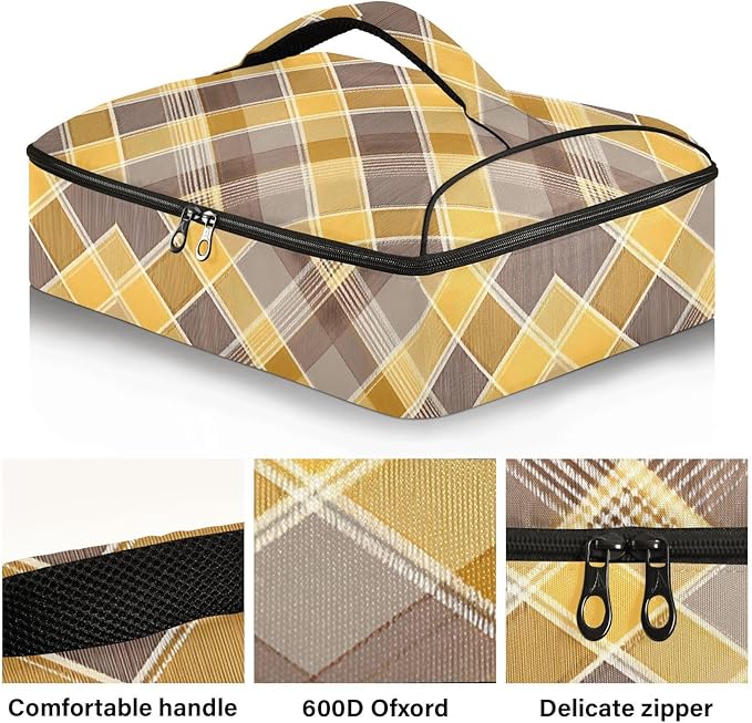 Casserole Carrier Print Yellow and Brown Tartan Insulated Casserole Carrier for Hot or Cold Food Thermal Lunch Tote for Parties Picnic Travel Carry Bag