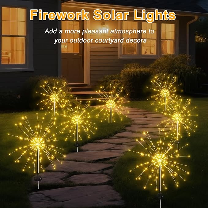 Solar Garden Firework Lights Outdoor Waterproof 4 Pack Solar Lighting with 8 Lighting Modes 120 LED Sparklers String Lights for Outside Decor Yard Pathway Decorations(Warm)