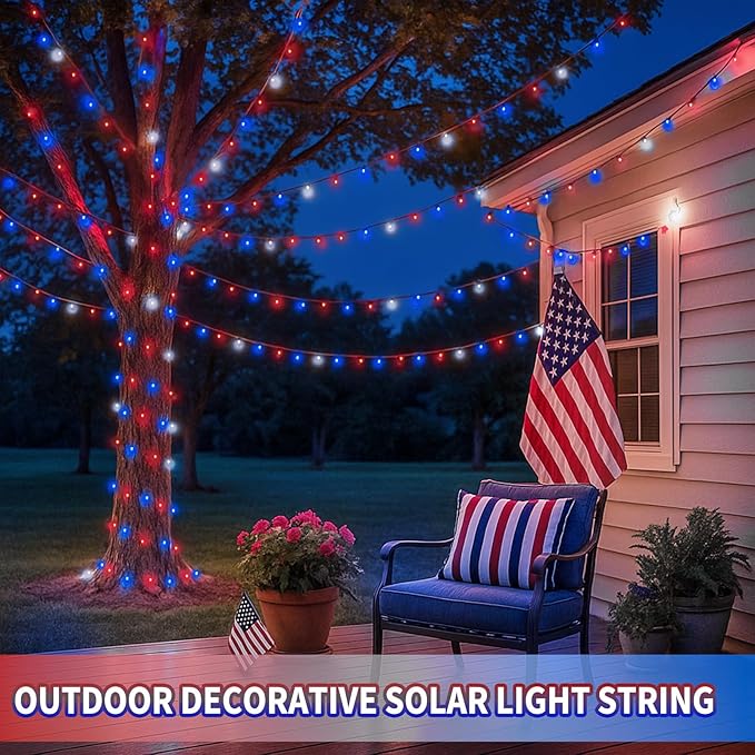 4 Pack Red White and Blue Solar String Lights 320LED 180FT 4th of July Decorations Outdoor Waterproof 8 Modes Patriotic Solar Fairy Twinkle Lights for Independence Memorial National Day Decorations