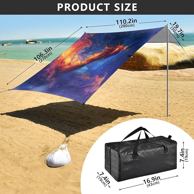 Camping Sun Shelters A Fire Dragon with Open Wings Spit Out Flames Beach Canopy 126 * 110.2in