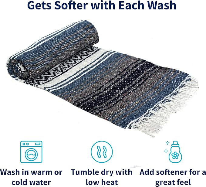 La Montana Mexican Blankets and Throws 4 Pack 74x50 - Made in Mexico Lightweight Yoga Blanket for Schools Studios Outdoors Camping Picnic Decor - Machine Washable Slate Blue/Charcoal/White