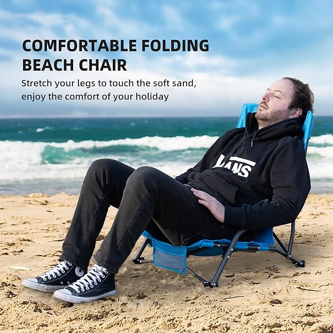 Portable Folding Beach Chair for Adults Set of 2- Lightweight Low Back Sling Chair with Cup Holder &amp Storage Pocket 300lbs Capacity Camping Chair for Outdoor Lawn Concert Travel (Blue)