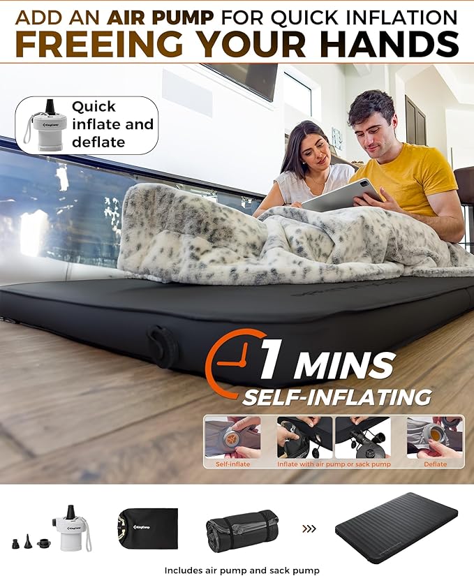 KingCamp Self Inflating Sleeping Pad for Camping 7.5 R-Value Double Camping Mattress Portable 4 Season Memory Foam Camping Mat with Pump &amp Pillow Comfort Travel Car Tent Cot Black