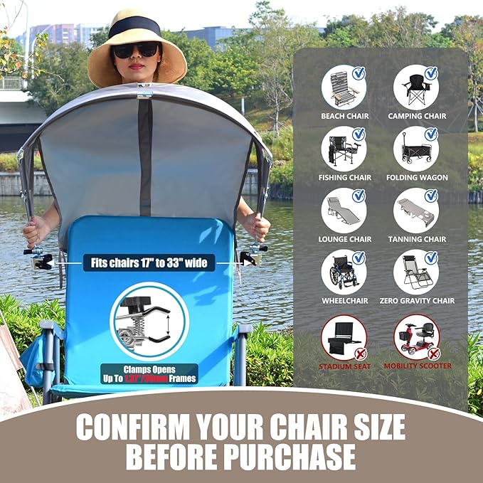 Universal Chair Umbrella Canopy UPF 50+ Chair Sun Shade Attachment with Adjustable Clamp Fits Most Brands’ Beach Camping Lawn Wheelchair Tanning Zero Gravity Lounge Fishing Chairs Patented