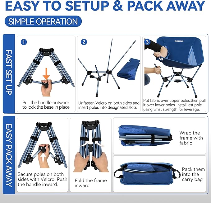 MARCHWAY Lightweight Folding Camping Chair Portable Foldable Compact for Outdoor Camp Travel Beach Picnic Festival Hiking Backpacking Supports 330Lbs (Dark Blue)
