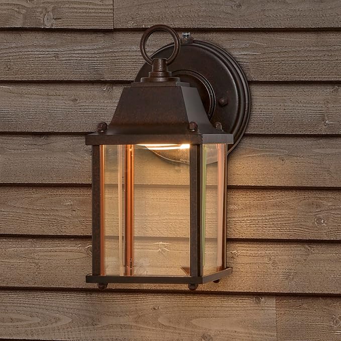 Maxxima LED Porch Lantern Outdoor Wall Light - Aged Bronze with Clear Glass 3000K Warm White 650 Lumens Dusk to Dawn Photocell Light Sensor Patio or Porch Sconce Fixture Exterior Lighting - Brown