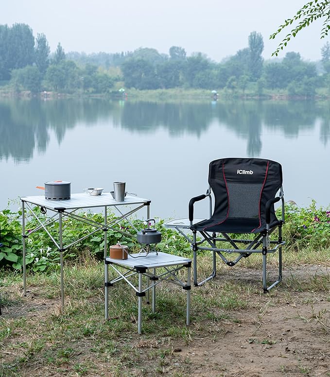 iClimb Lightweight Stable Alu. Folding Square Table Roll Up Top with Carry Bag for Camping Picnic Backyards BBQ Camp Kitchen (Nature L)