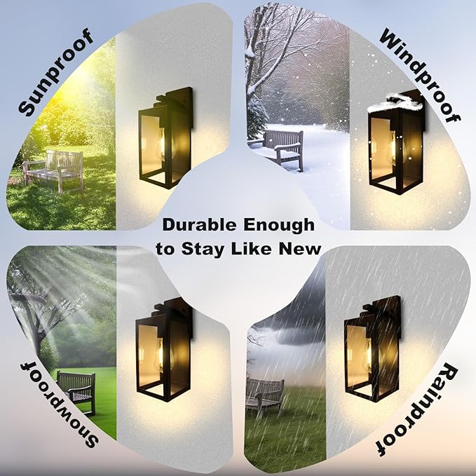 Outdoor Light Fixture 14IN Matte Black Front Porch Lamps with Glass Shades Exterior Waterproof Wall Mount Lantern with E26 Sockets Outside Lights for House Garage Doorway Patio Entryway