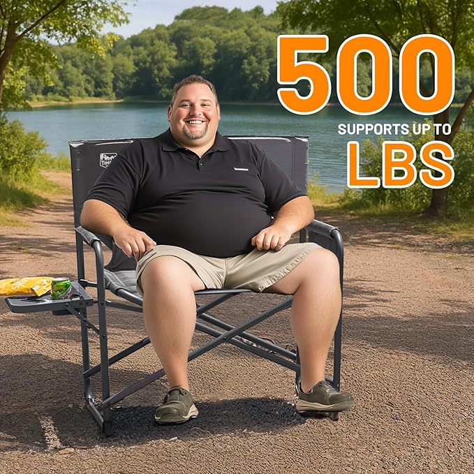 TIMBER RIDGE XXL Foldable Directors Chair with Side Table Extra Wide Camping Chairs for Adults Heavy Duty Supports 500 lbs Oversized Folding Lawn Chair for Picnic Beach Sports Fishing Grey-2 Pack