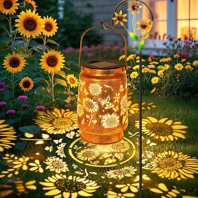 Sunflower Solar Lanterns Outdoor Waterproof Gifts for Women Mom Grandma Birthday Metal Hanging Lantern Solar Lights LED Decoration with Shepherd Hook Outside for Yard Patio Porch Garden Decor