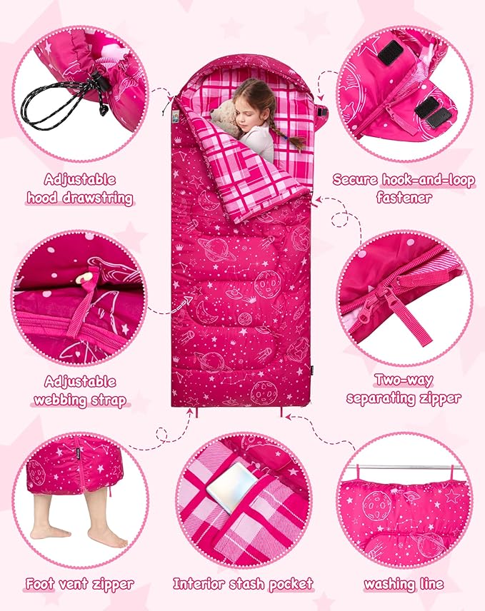 KingCamp 45°F Kids Sleeping Bag Lightweight Waterproof &amp Compact Flannel Sleeping Bags Cold Weather &amp Warm Youth Essentials Gear Accessories for Camping Fits 10-12 Children up to 4'7-5'5 T