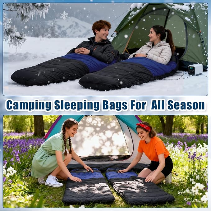 2 Pack Heated Sleeping Bag for Adults USB Electric Cold Weather Sleeping Bag with 4 Zone Carbon Fiber 3 Adjustable Heating Levels Waterproof for All Season Camping &amp Hiking
