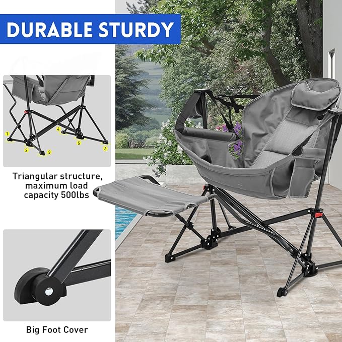Hammock Camping Chair with Leg RestLightweight Portable Outdoor Chair for Camping and Hiking Supports 350lbs-Gray