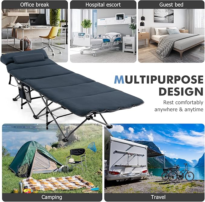 Tangkula Camping Cot for Adults Folding Sleeping Cot with Removable Mattress Pillow Side Pocket Portable Indoor Outdoor Cot Bed with Carry Bags for Travel Camp Office Home (Blue)