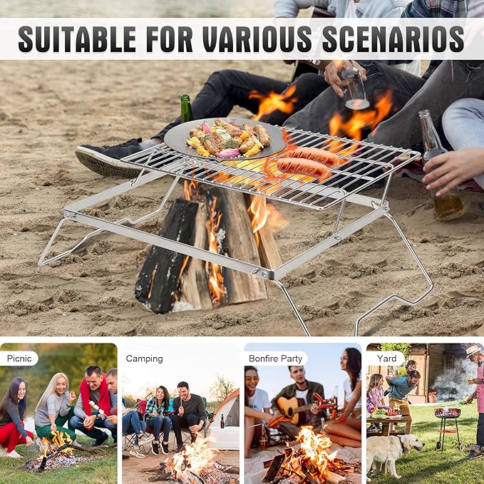 ZORMY 17 Large Folding Campfire Grill 304 Stainless Steel Firepit Grill Grate Heavy Duty Portable Camping Grill with Carrying Bag Gas BBQ Grill Grate for Backpacking Hiking Picnics (Double)
