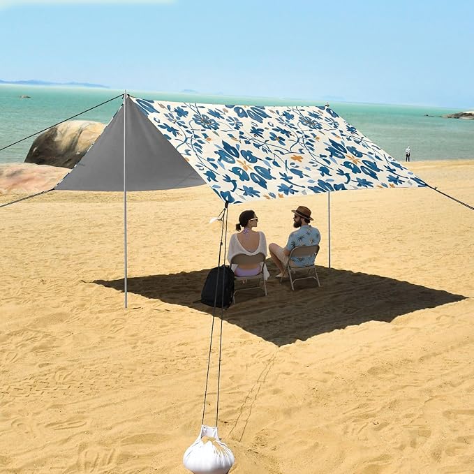 Traditional Floral Pattern Beach Tent Sun Shelter 9.2' x 10.5' Beach Canopy with 4 Sandbags 4 Stability Poles Sand Shovels - Tent Canopy for Beach Camping Fishing Picnics