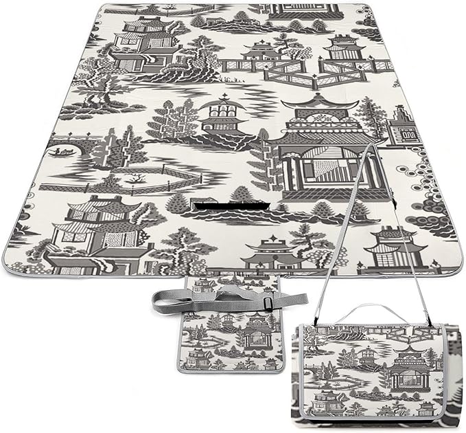 Blue and White Chinese Folk Chinoiserie Style Waterproof Outdoor Picnic Blanket Sandproof Beach Mat for Camping Hiking Grass Travelling