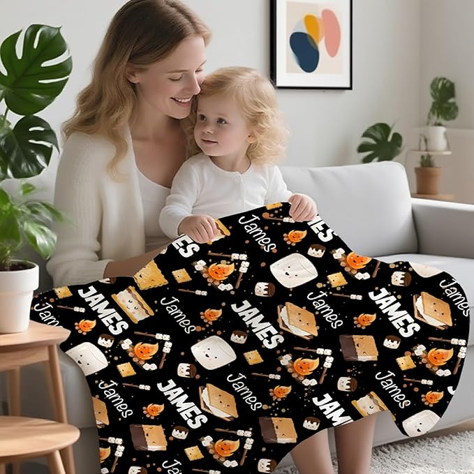 Custom S'Mores Blanket with Name | Personalized Marshmallow Blanket for Girls Boys | Ultra Soft Customized Cookie Throw for Couch/Sofa/Travel/Camping Home Decor - 60x80-Adults/Twin Size
