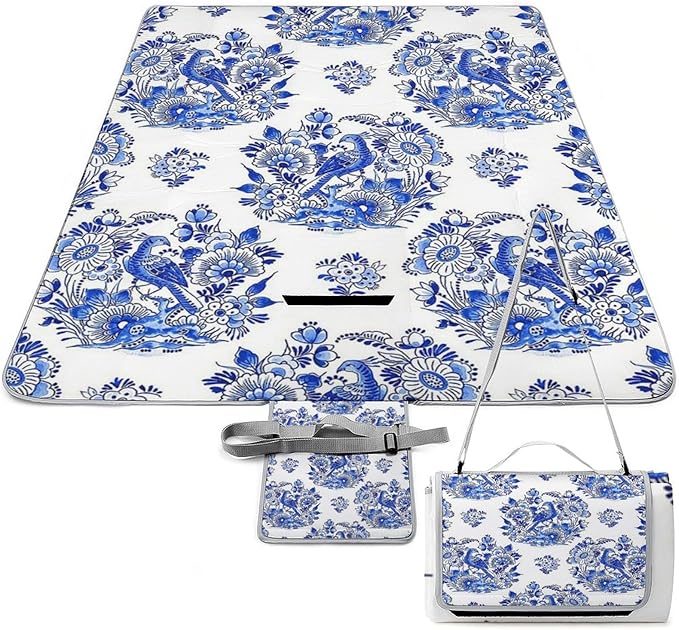 Blue and White Chinese Style Chinoiserie Folk Waterproof Outdoor Picnic Blanket Sandproof Beach Mat for Camping Hiking Grass Travelling