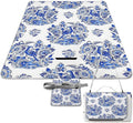 Blue and White Chinese Style Chinoiserie Folk Waterproof Outdoor Picnic Blanket Sandproof Beach Mat for Camping Hiking Grass Travelling