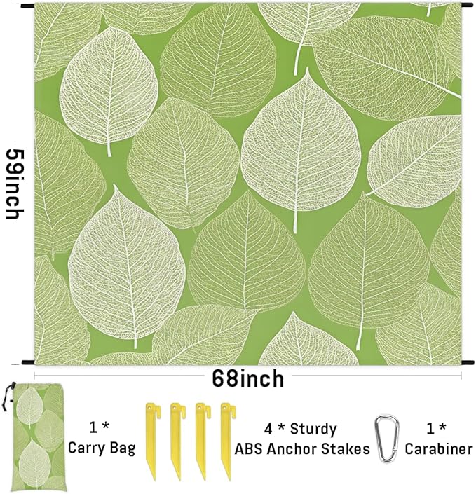 Waterproof Sandproof Beach Blanket 59''×68'' Acacia Leaves Polyester Outdoor Picnic Blanket with 4 Stakes &amp Storage Bag for BeachCampingVacation Green