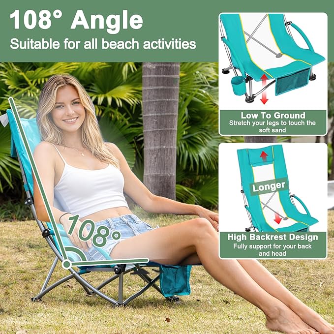 Romswi High Back Beach Chair Compact Lightweight Low Seat Camping Chair Fits in Suitcase 400lbs Heavy Duty Oversized Backpack Chair with Cup Holder &amp Storage Bag Green