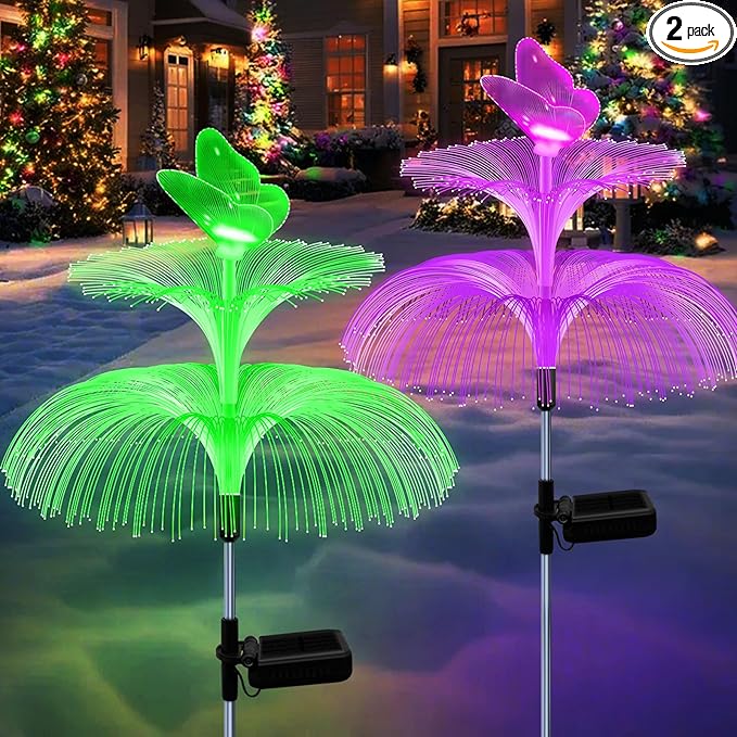 Solar Garden Lights Gardening Birthday Gifts for Mom Grandma Women Waterproof 7 Color Changing Jellyfish Light with Butterfly 2 Pack Solar Flower Lights for Outdoor Pathway Yard Garden Decor