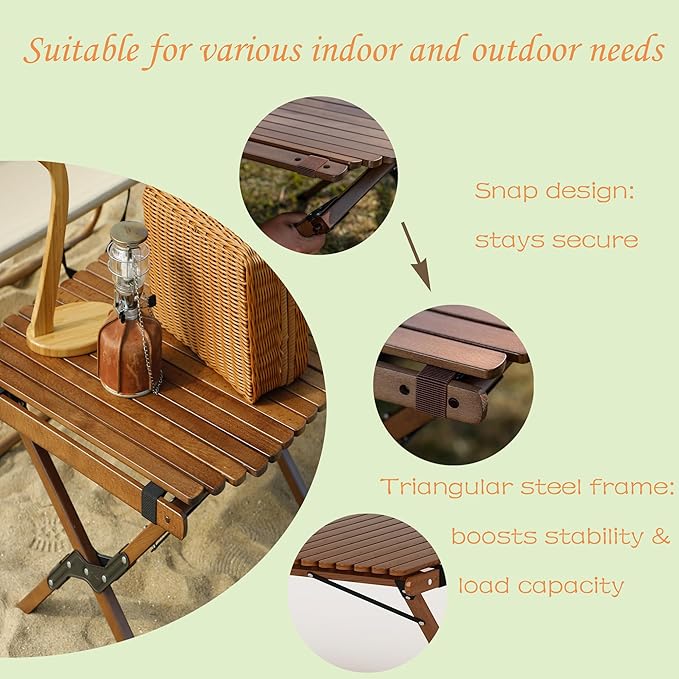 Folding Camping Table Beech Wood Portable Lightweight Roll-up Picnic Table with Carrying Bag for Outdoor Backyards BBQ Beach Party Patio(Walnut Rounded Edges &amp Big)